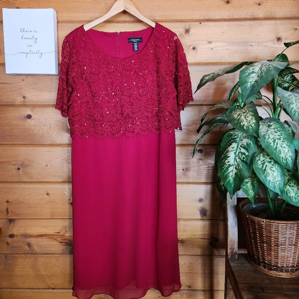 R & M Richards Dress Red‎ Lace & Sequin Overlay Chiffon Sheer Cocktail Petite 14